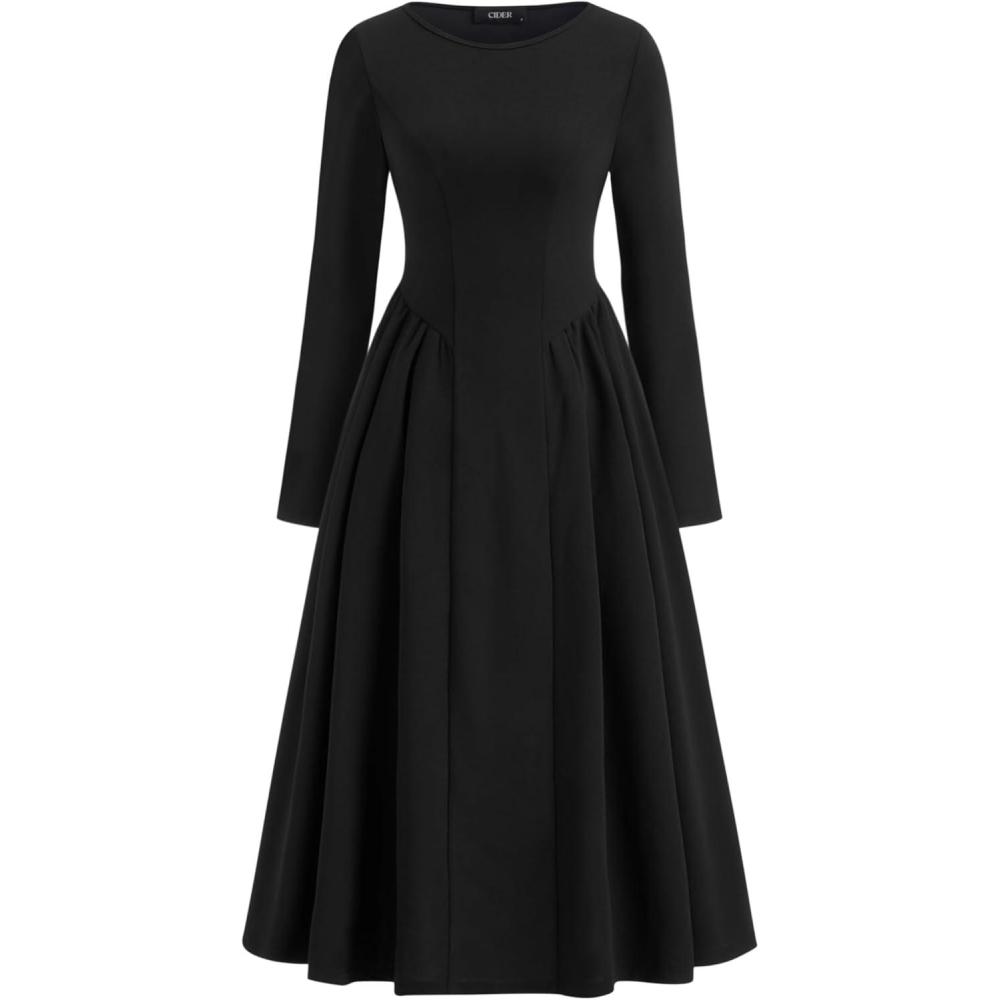 imageCIDER Women Elegant Long Sleeve Midi Modest Dress with Pockets Fit ALine Trendy Casual DressesBlack