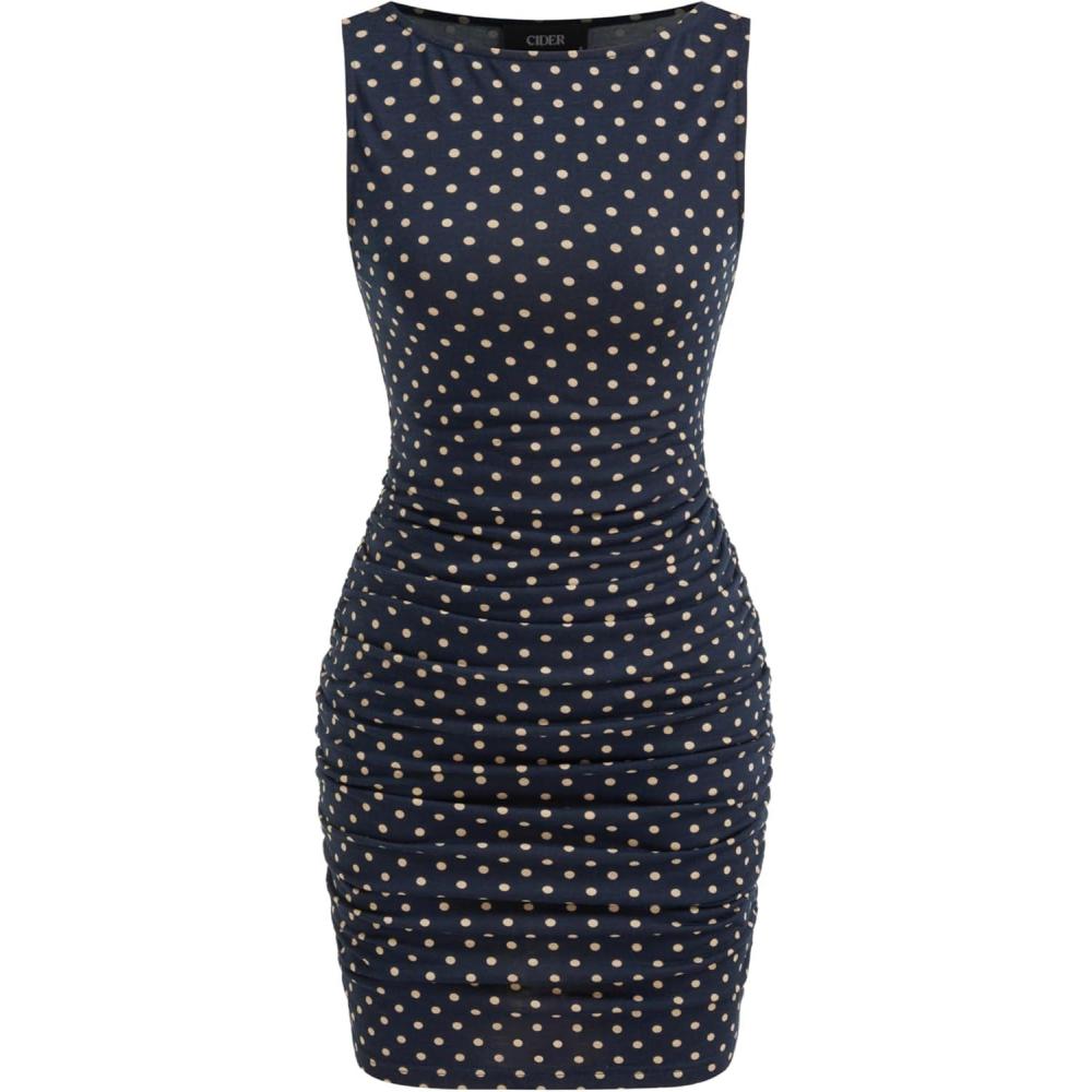imageCIDER Women Sleeveless Polka Dot Mini Dress Ruched Bodycon Boat Neck Cocktail Party DressesBlue