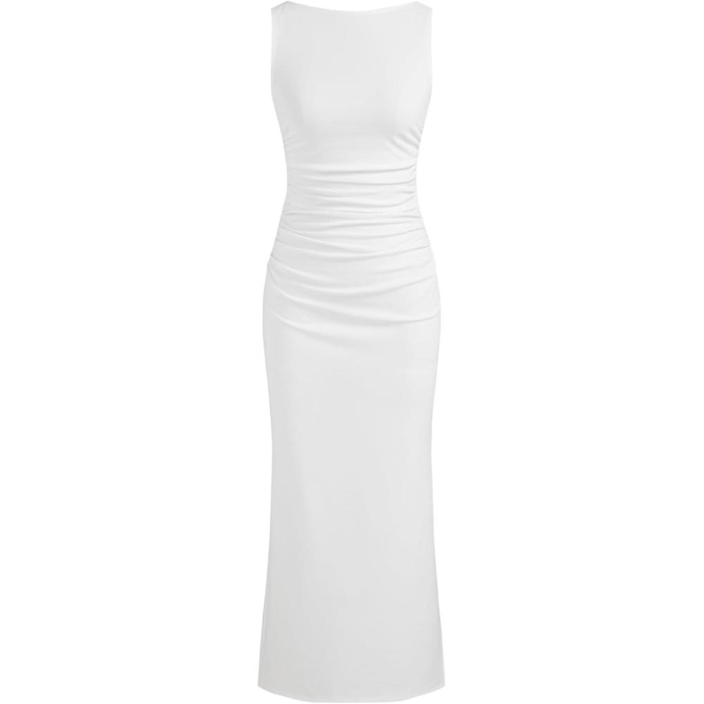 imageCIDER Women Summer Sleeveless Maxi Dresses Ruched Bodycon Long Wedding Guest Dress Cocktail Evening GownWhite