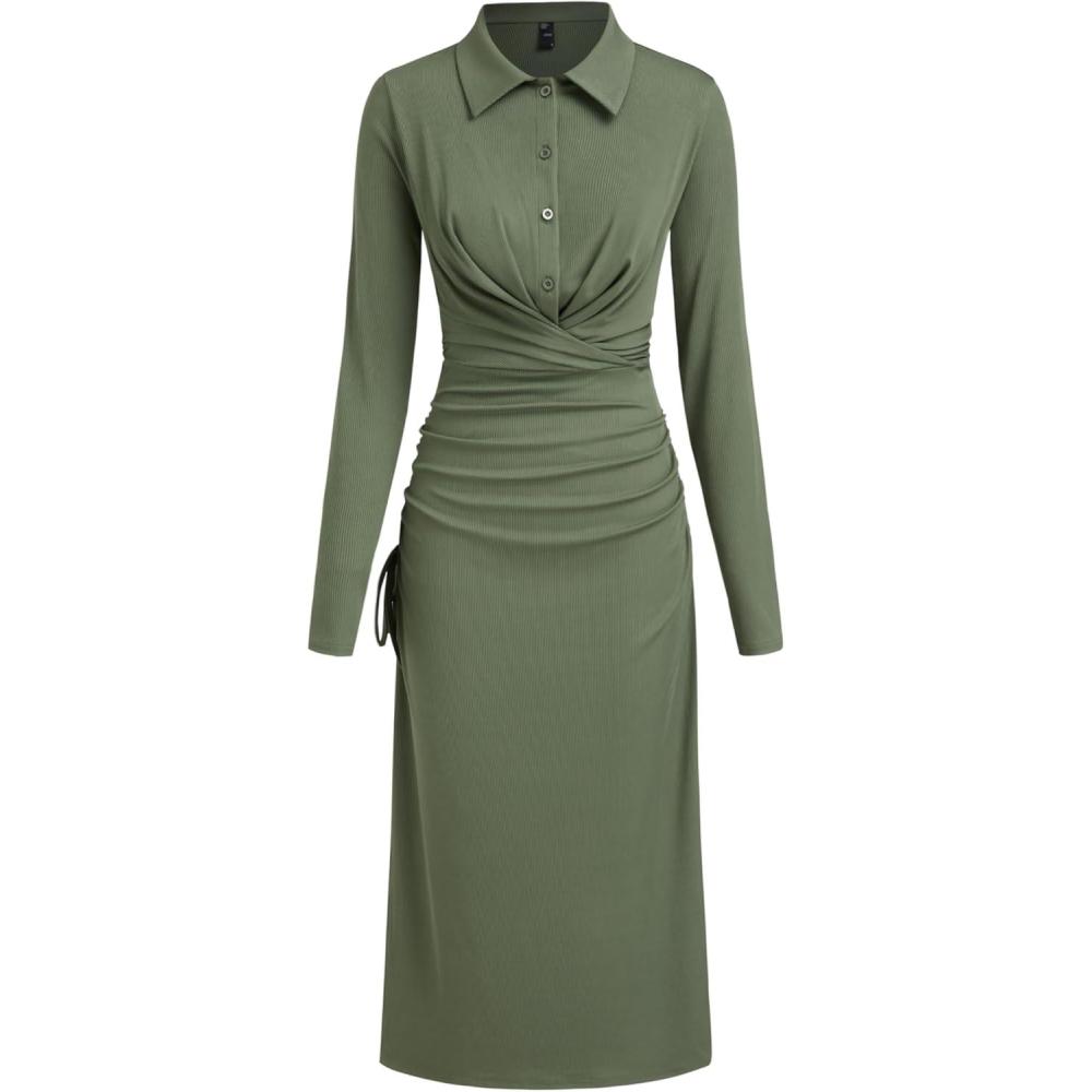 imageCIDER Womens Casual Long Sleeve Shirt Dress Elegant Twist Front Midi DressGreen