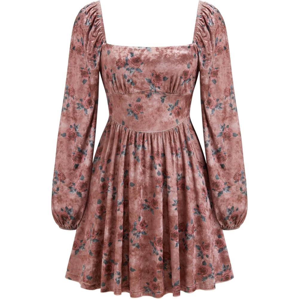 imageCIDER Womens Floral Velvet Dress Square Neck Long Sleeve Mini DressWine