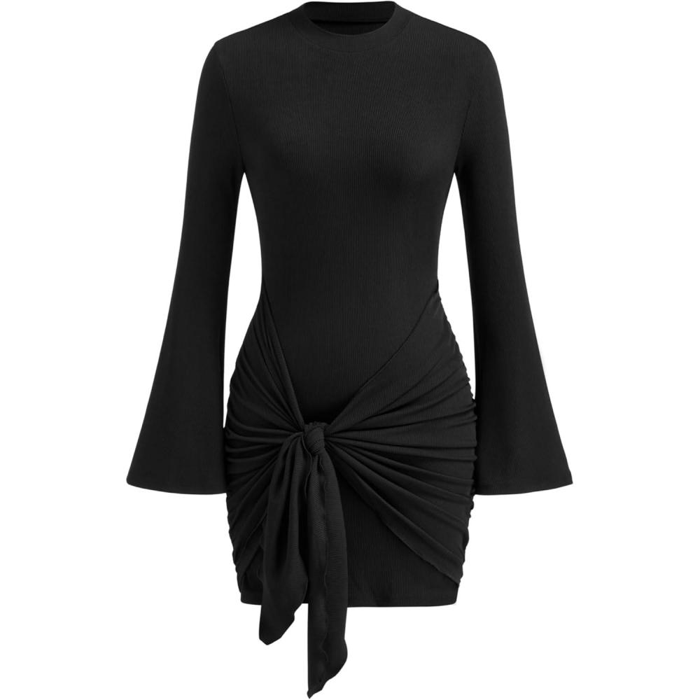imageCIDER Womens Knit Mini Dress Long Sleeve Ribbed Tie Waist Bodycon Business Casual Going Out Party Cocktail Fall DressesBlack