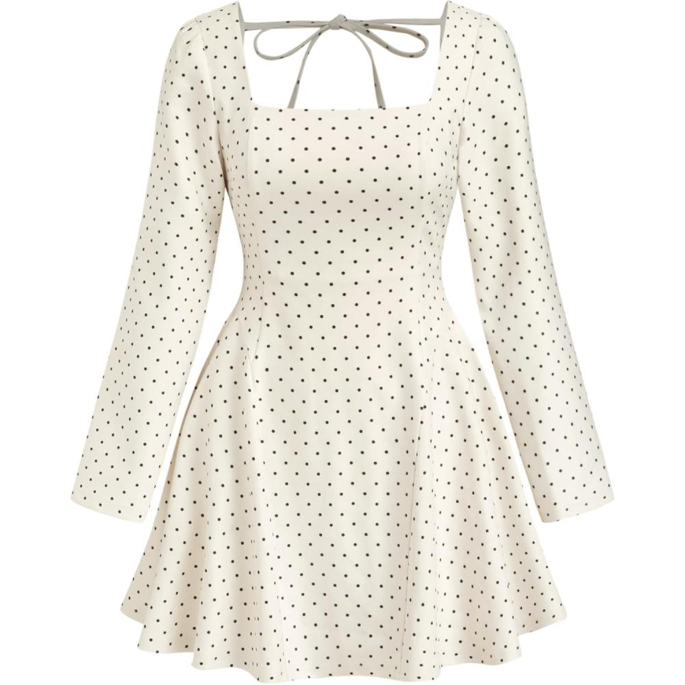 imageCIDER Womens Polka Dot Dress Vintage Square Neck Casual Long Sleeve A Line Mini Date Night Dress Fall 2025White