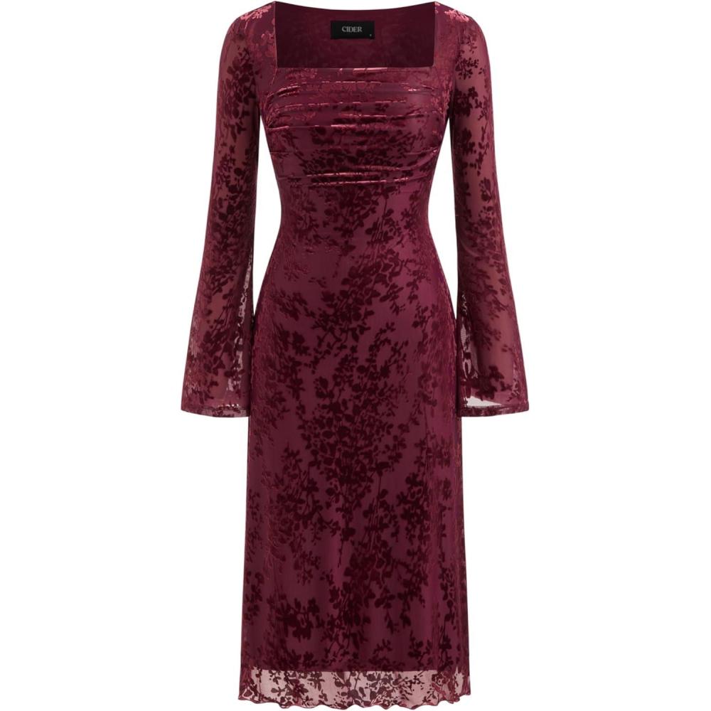 imageCIDER Womens Velvet Floral Long Sleeve Midi Dress Square Neck Elegant Party DressesRed