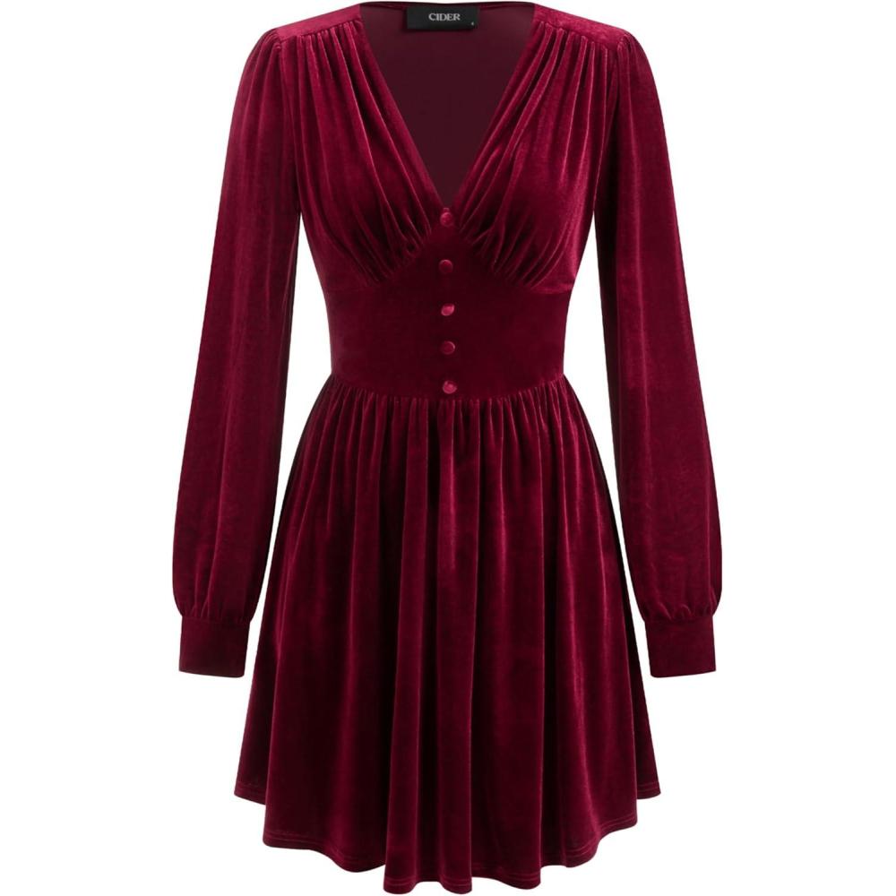 imageCIDER Womens Velvet V Neck Long Sleeve Mini Dress Party CocktailWine