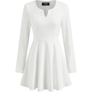 CIDER Elegant Long Sleeve Fit and Flare Dress V-Neck Party Cocktail Dress(White)