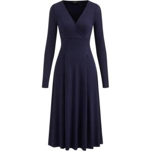 CIDER Elegant Wrap Dress Long Sleeve Midi Dress for Women(Blue)