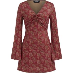 CIDER Floral Print Mini Dress Long Sleeve V Neck Ruched Bodycon Dresses(Red)