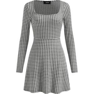 CIDER Gingham Long Sleeve Dress Square Neck A Line Mini Dress(Black)