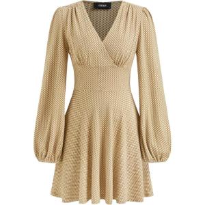 CIDER Long Sleeve Dress for Women V Neck A Line Plaid Mini Gingham Vintage Wedding Guest Dresses(Beige)