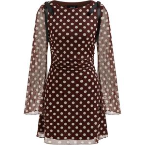 CIDER Polka Dot Dress Long Sleeve Sheer Bowknot Party Dress Women(Brown)