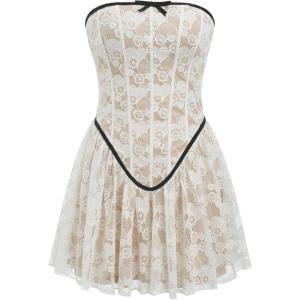 CIDER Summer Tube Mini Dress Sundress Party Dresses for Women Bow Short Dress Lace Contrasting Binding Trendy(White)