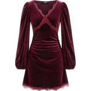 CIDER Velvet Mini Dress with Lace Trim Long Sleeve Dress(Wine)