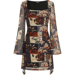 CIDER Women Bell Sleeve Floral Dress Square Neck Mesh Mini Dresses Bodycon Y2k Boho Fall Fashion Going Out Party Outfit(Brown)