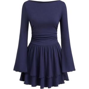 CIDER Women Boat Neck Ribbed Knit Tiered Ruffle Hem Long Sleeve Cocktail Party Mini Dress(Dark Navy)