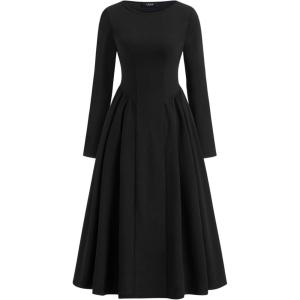 CIDER Women Elegant Long Sleeve Midi Modest Dress with Pockets Fit A-Line Trendy Casual Dresses(Black)
