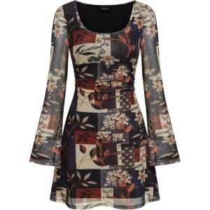 CIDER Women Floral Mini Mesh Dress Bell Sleeve Boho Dresses Y2k Fall Fashion Going Out Party Outfit(Multicolor)