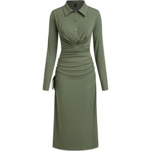 CIDER Womens Casual Long Sleeve Shirt Dress Elegant Twist Front Midi Dress(Green)