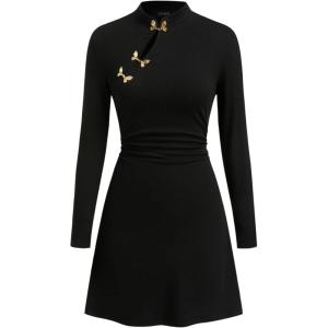 CIDER Womens Cheongsam Mini Dress Long Sleeve Slim Fit Dress(Black)