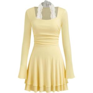 CIDER Womens Cocktail Dress Long Sleeve Mini Dress Y2K Lace Trim Scoop Neck Ruched Ruffle Hem Party Date Night Dresses(Light Yellow)