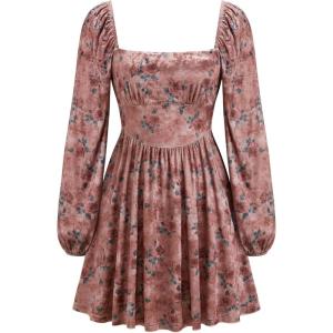 CIDER Womens Floral Velvet Dress Square Neck Long Sleeve Mini Dress(Wine)