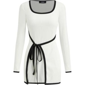 CIDER Womens Going Out Dress Long Sleeve Color Block Square Neck Tie Waist Wrap Mini Dresses(White)