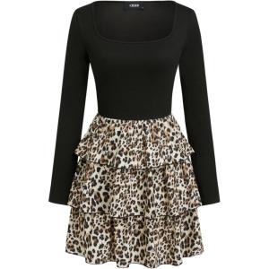 CIDER Womens Long Sleeve Leopard Print Ruffle Skirt Dress Square Neck(Black)