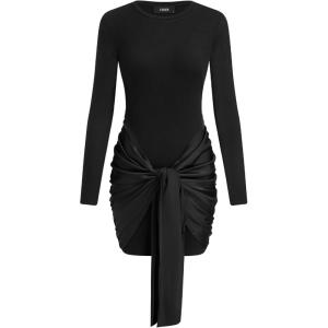 CIDER Womens Long Sleeve Mini Dress Knot Front Party Club Dress(Black)