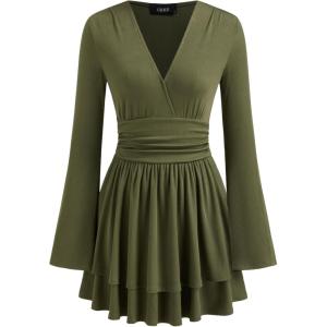 CIDER Womens Long Sleeve V Neck Dress Ruffle Tiered Mini Skirt Casual Dress(Green)