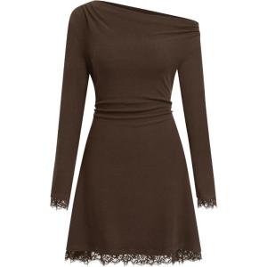 CIDER Women’s Off Shoulder Dress Casual Long Sleeve Lace Trim Fall Outfits Grunge Vintage Mini Dress(Coffee)
