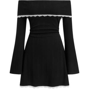 CIDER Womens Off Shoulder Dress Lace Trim Color Block A Line Mini Party Wedding Guest Dresses(Black)