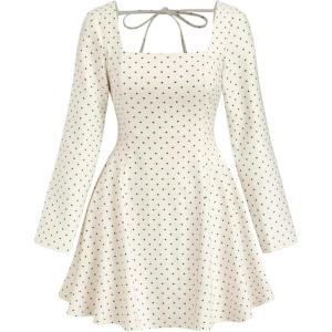 CIDER Womens Polka Dot Dress Vintage Square Neck Casual Long Sleeve A Line Mini Date Night Dress Fall 2025(White)