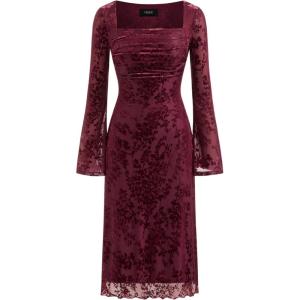 CIDER Womens Velvet Floral Long Sleeve Midi Dress Square Neck Elegant Party Dresses(Red)