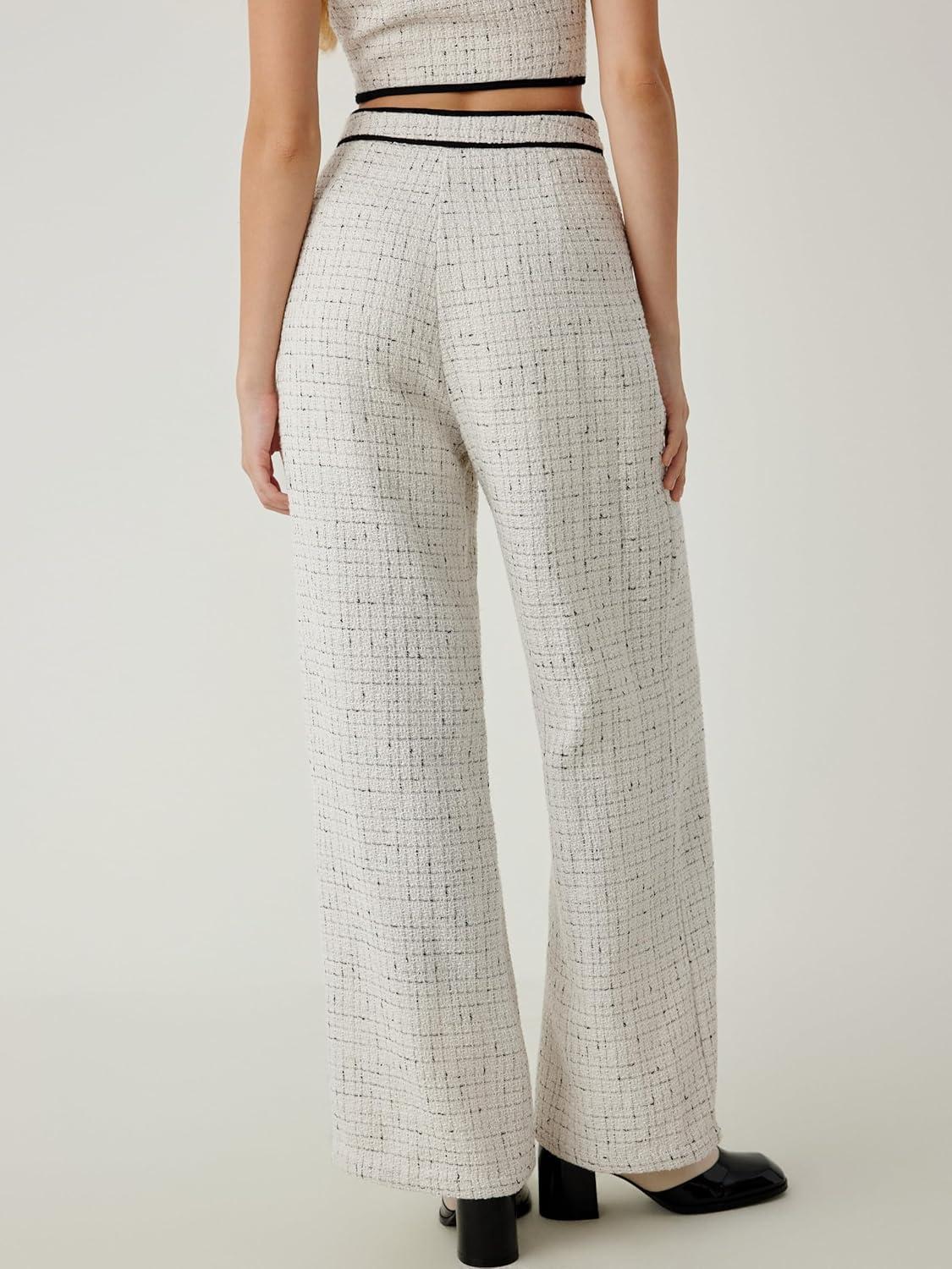 imageCIDER Tweed Middle Waist Contrasting Binding Straight Leg TrousersWhite