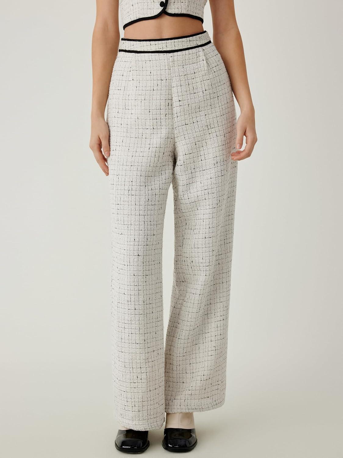 imageCIDER Tweed Middle Waist Contrasting Binding Straight Leg TrousersWhite