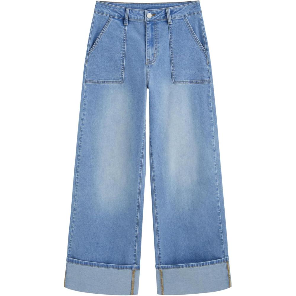imageCIDER Cuffed Jeans for Women Wide Leg Jeans with Pockets Baggy Mid Waist Denim Pants Trendy Casual OutfitsDenim