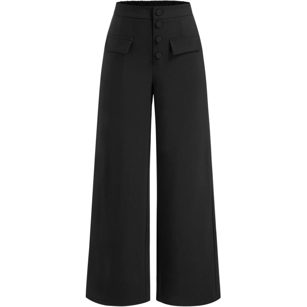imageCIDER Women Middle Waist Wide Leg Pants Casual Stylish Button Front TrousersBlack