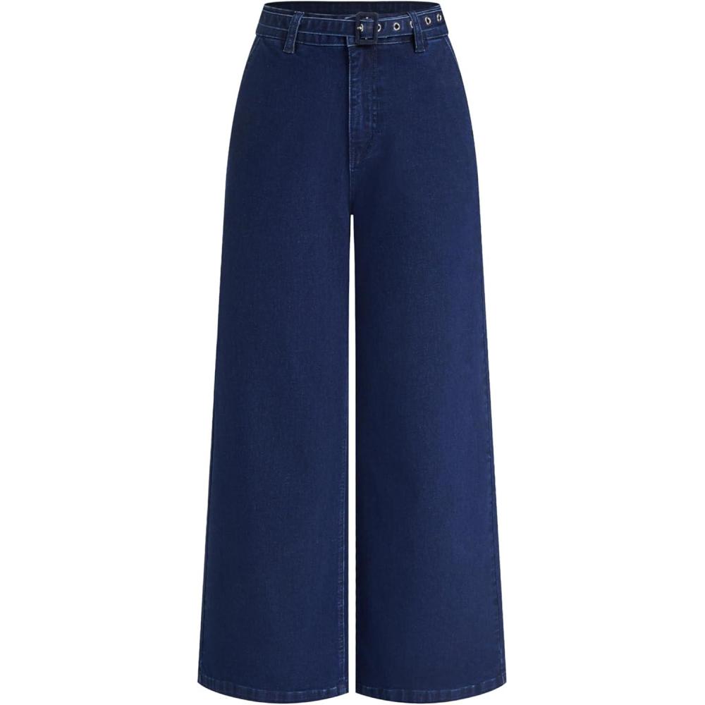 imageCIDER Women Wide Leg Jeans High Waisted Belted Flare Denim Casual Going Out PantsNavy Blue