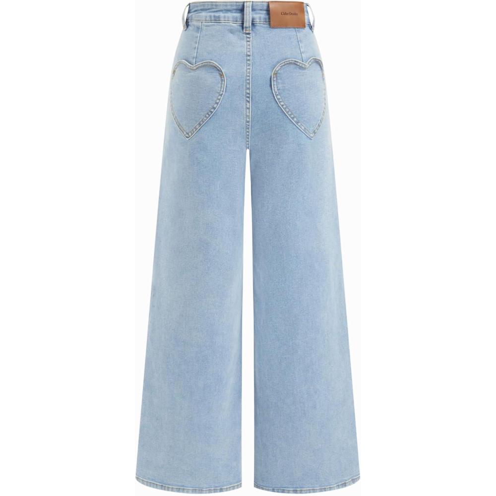 imageCIDER Womens Straight Leg Jeans Heart Print Pockets Y2k Wide Leg Baggy Denim PantsBaby Blue