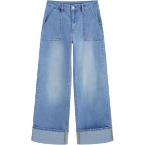 CIDER Cuffed Jeans for Women Wide Leg Jeans with Pockets Baggy Mid Waist Denim Pants Trendy Casual Outfits(Denim)