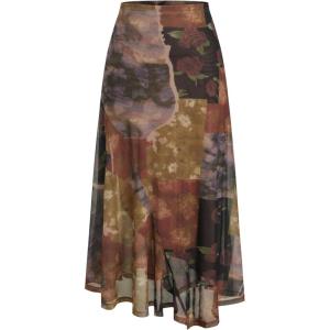 CIDER Skirts for Women Floral Mesh Maxi Asymmetrical Mid Waist Long Fall Skirts Western Concert Outfits(Coffee)
