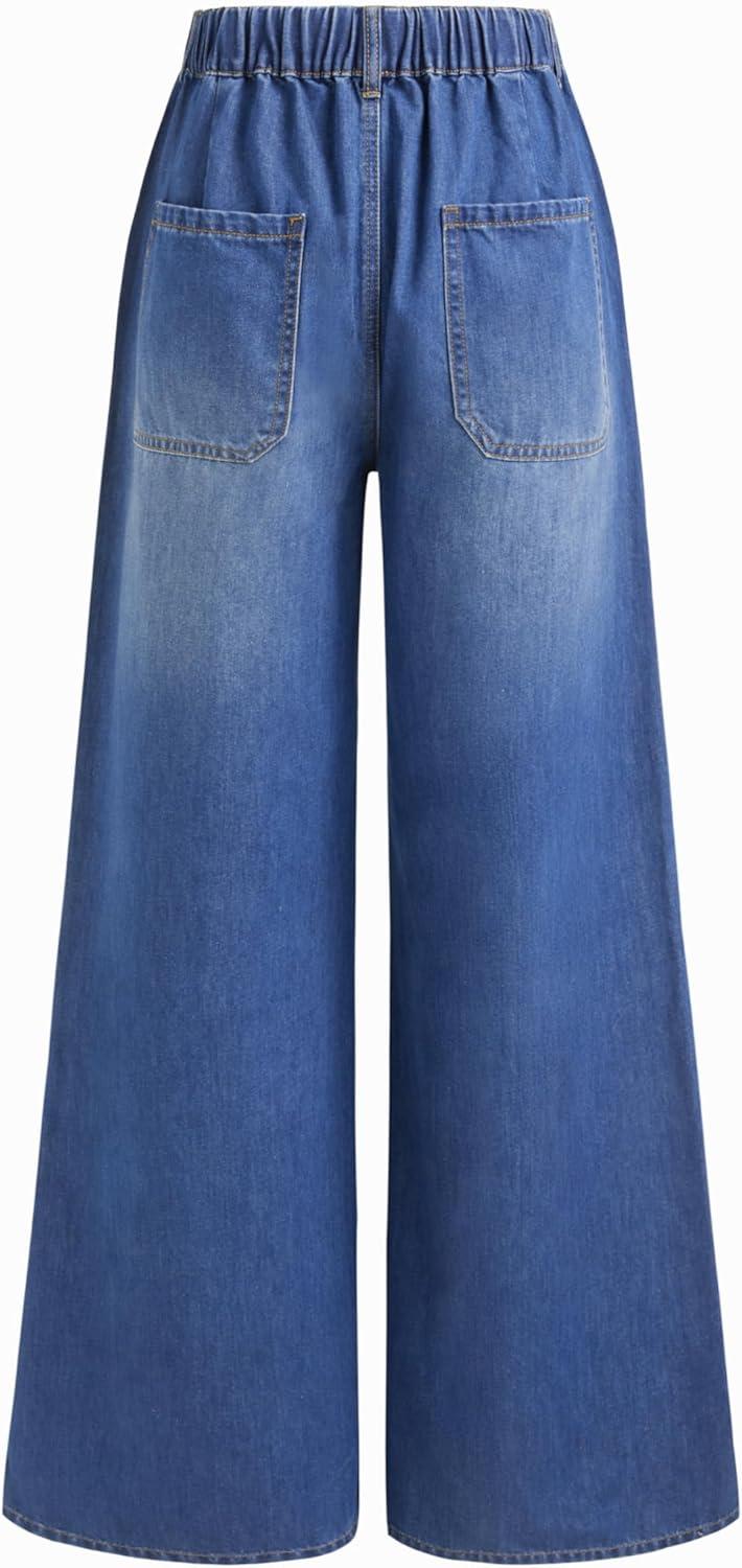 imageCIDER Drawstring Wide Leg Jeans for Women High Waisted Baggy Jeans Denim Pants with PocketsBlue Size Up