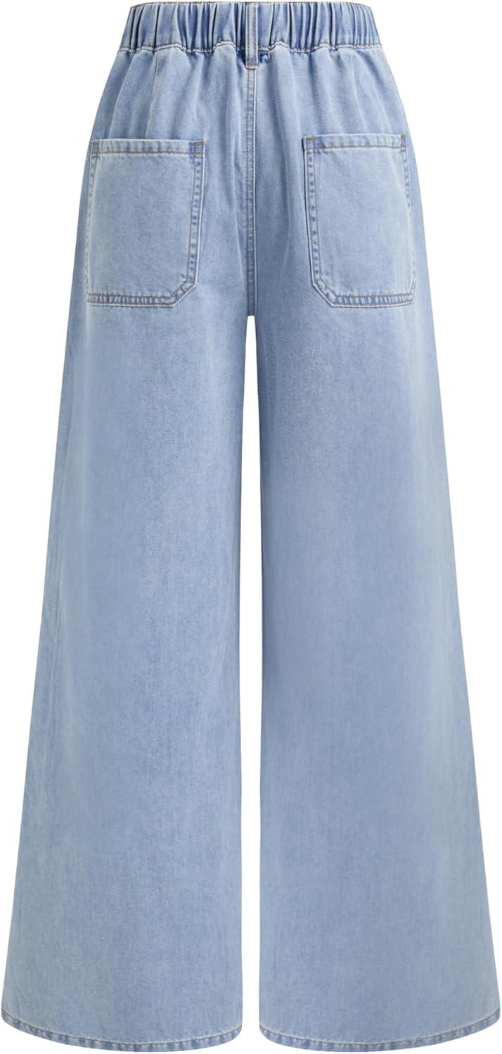 imageCIDER Drawstring Wide Leg Jeans for Women High Waisted Baggy Jeans Denim Pants with PocketsSky Blue Size Up