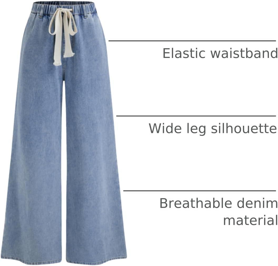 imageCIDER Drawstring Wide Leg Jeans for Women High Waisted Baggy Jeans Denim Pants with PocketsSky Blue Size Up