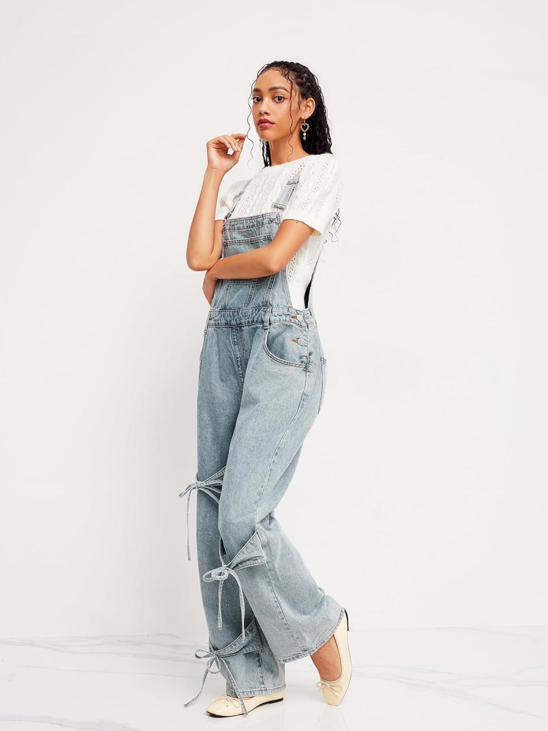 imageCIDER Overalls for Women Denim Bow knot Jumpsuits Adjusable Strap Jean Overall with PocketsBlue