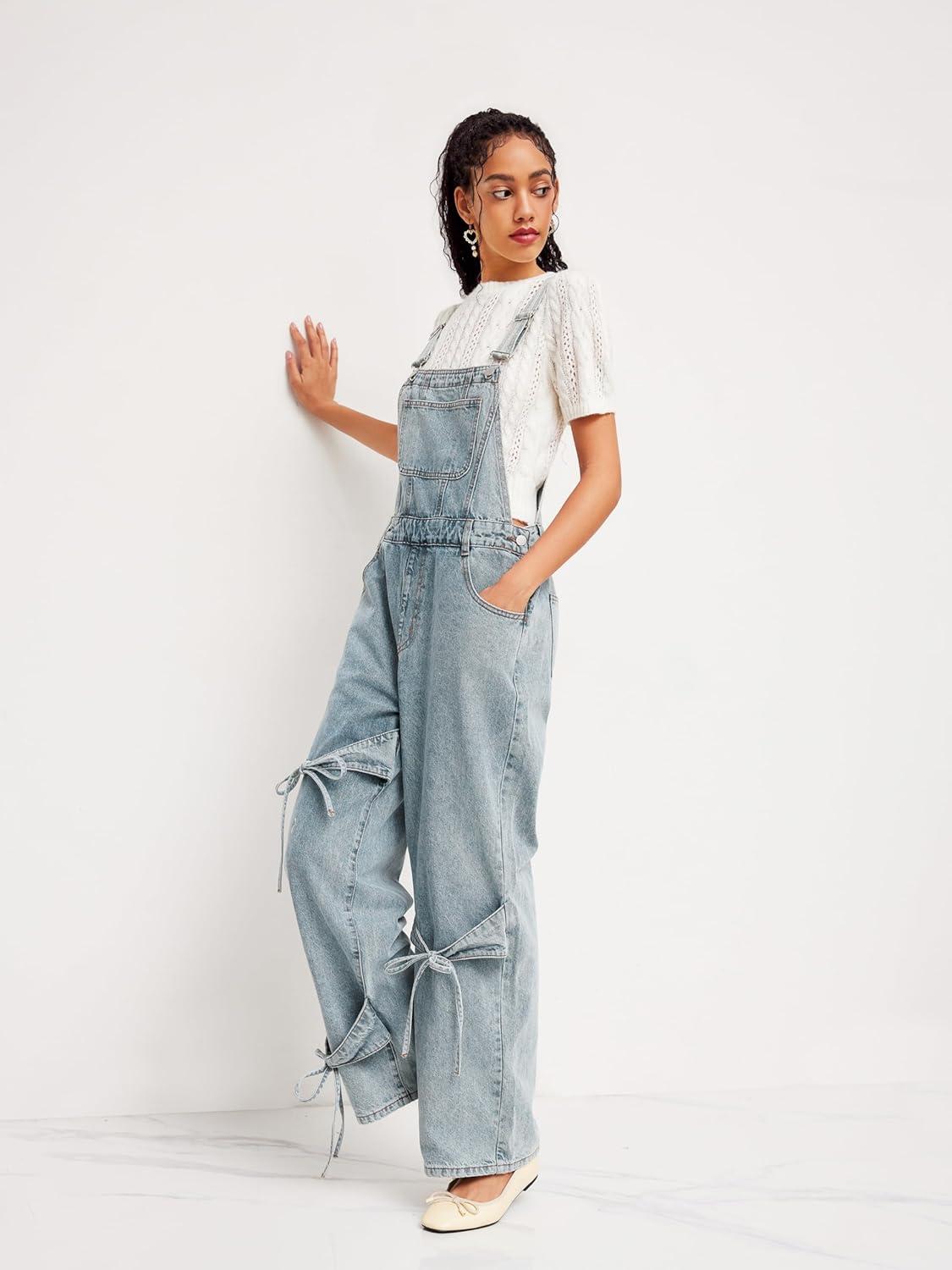 imageCIDER Overalls for Women Denim Bow knot Jumpsuits Adjusable Strap Jean Overall with PocketsBlue