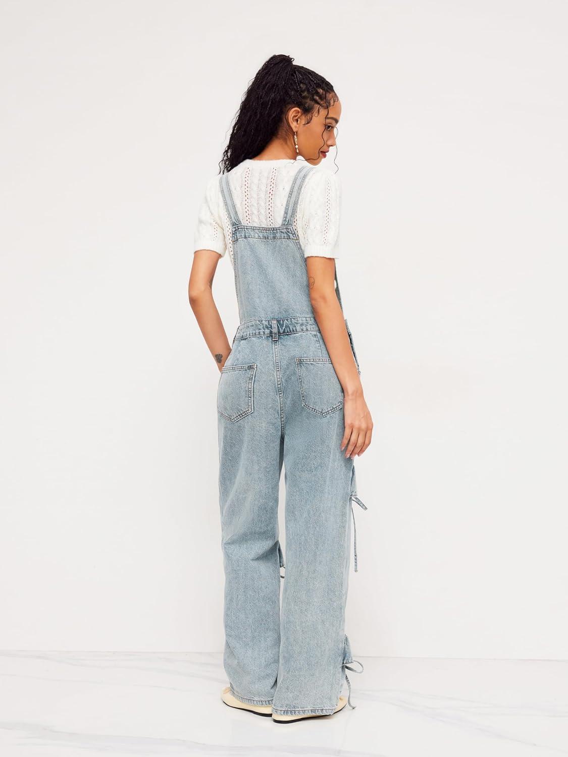 imageCIDER Overalls for Women Denim Bow knot Jumpsuits Adjusable Strap Jean Overall with PocketsBlue
