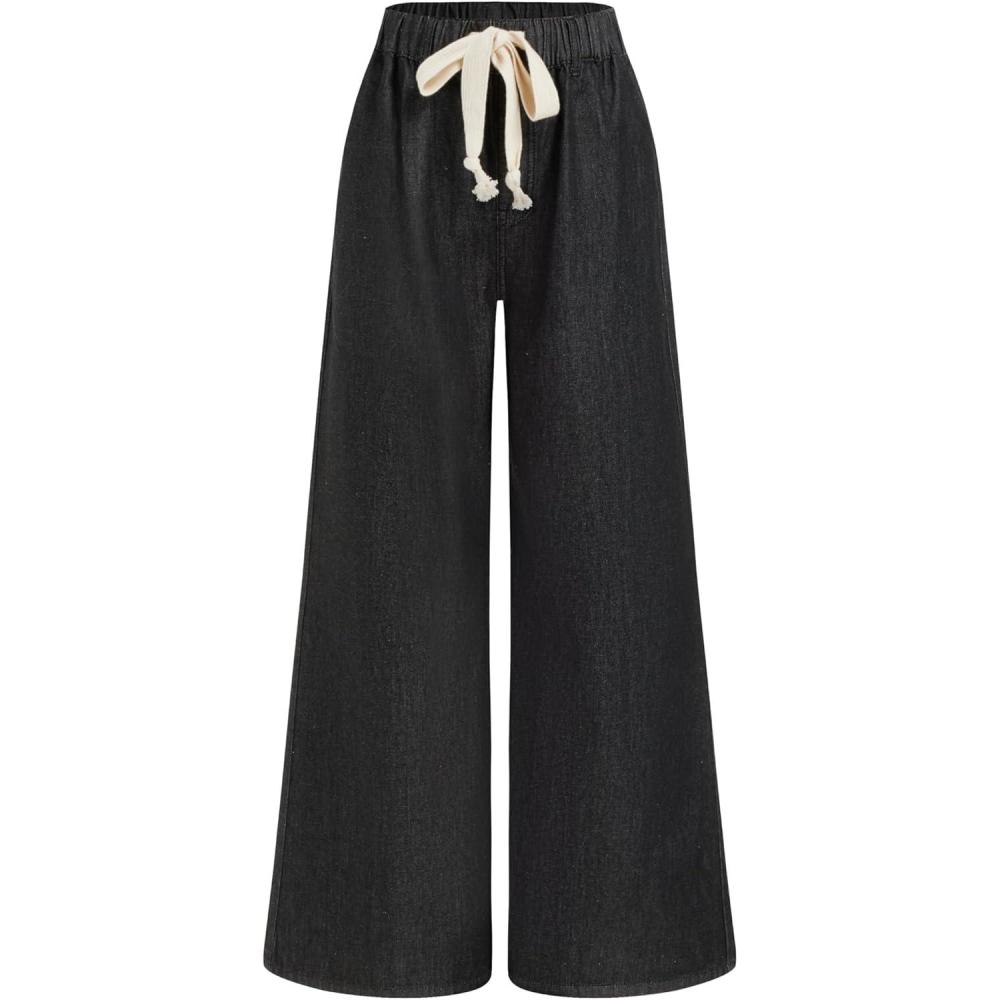 imageCIDER Drawstring Wide Leg Jeans for Women High Waisted Baggy Jeans Denim Pants with PocketsBlack