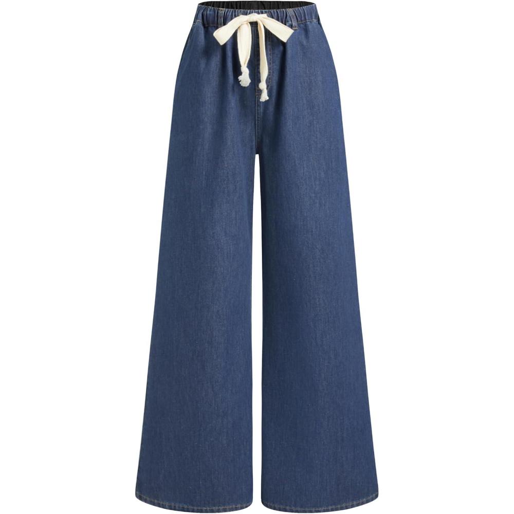 imageCIDER Drawstring Wide Leg Jeans for Women High Waisted Baggy Jeans Denim Pants with PocketsDark Navy Size Up