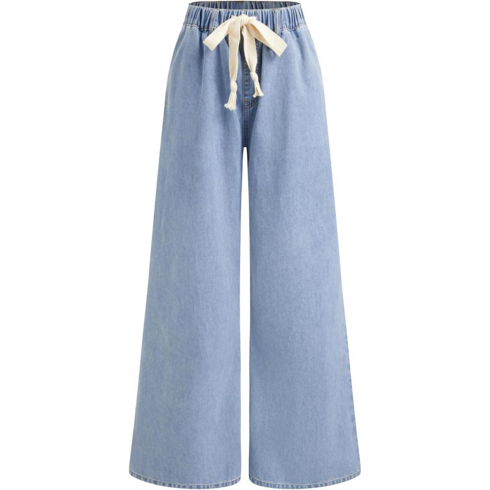 imageCIDER Drawstring Wide Leg Jeans for Women High Waisted Baggy Jeans Denim Pants with PocketsSky Blue Size Up